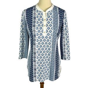 J McLaughlin Biscayne Catalina Cloth Blue Floral 3/4 Sleeve Knit Tunic Top Small